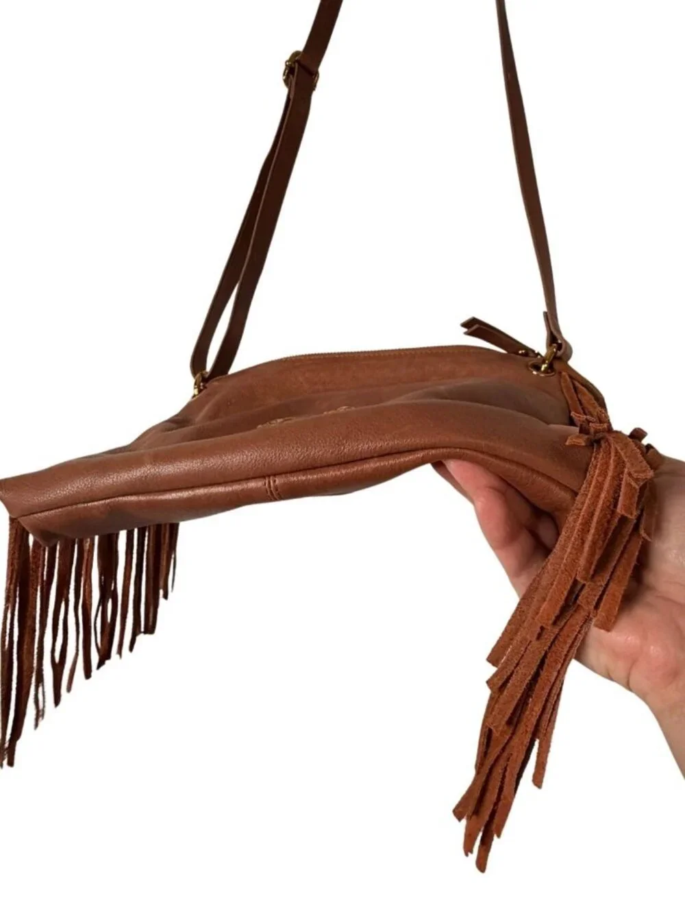 Sharif Legacy Leather Fringe Mini Hobo Crossbody Bag Latte Embossed Leather
